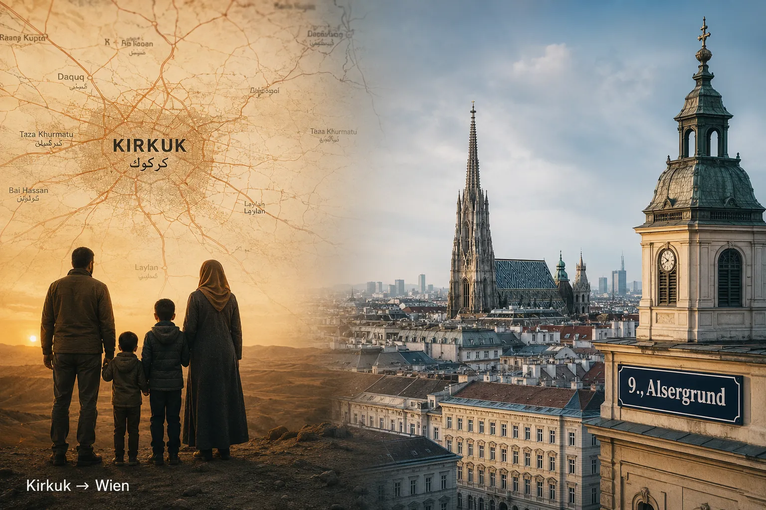 Biographie von Saya Ahmad: Leben, Karriere und politisches Wirken 1 Editorial (), split-screen symbolic illustration: left half shows a map of Kirkuk, Iraq with a small family silhouette in